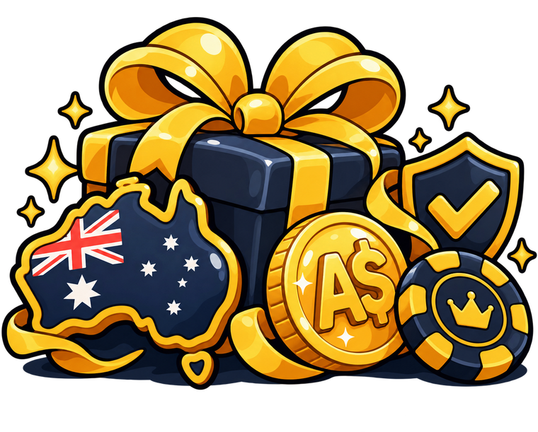 Gift box, A$ coin, casino chip and a map of Australia
